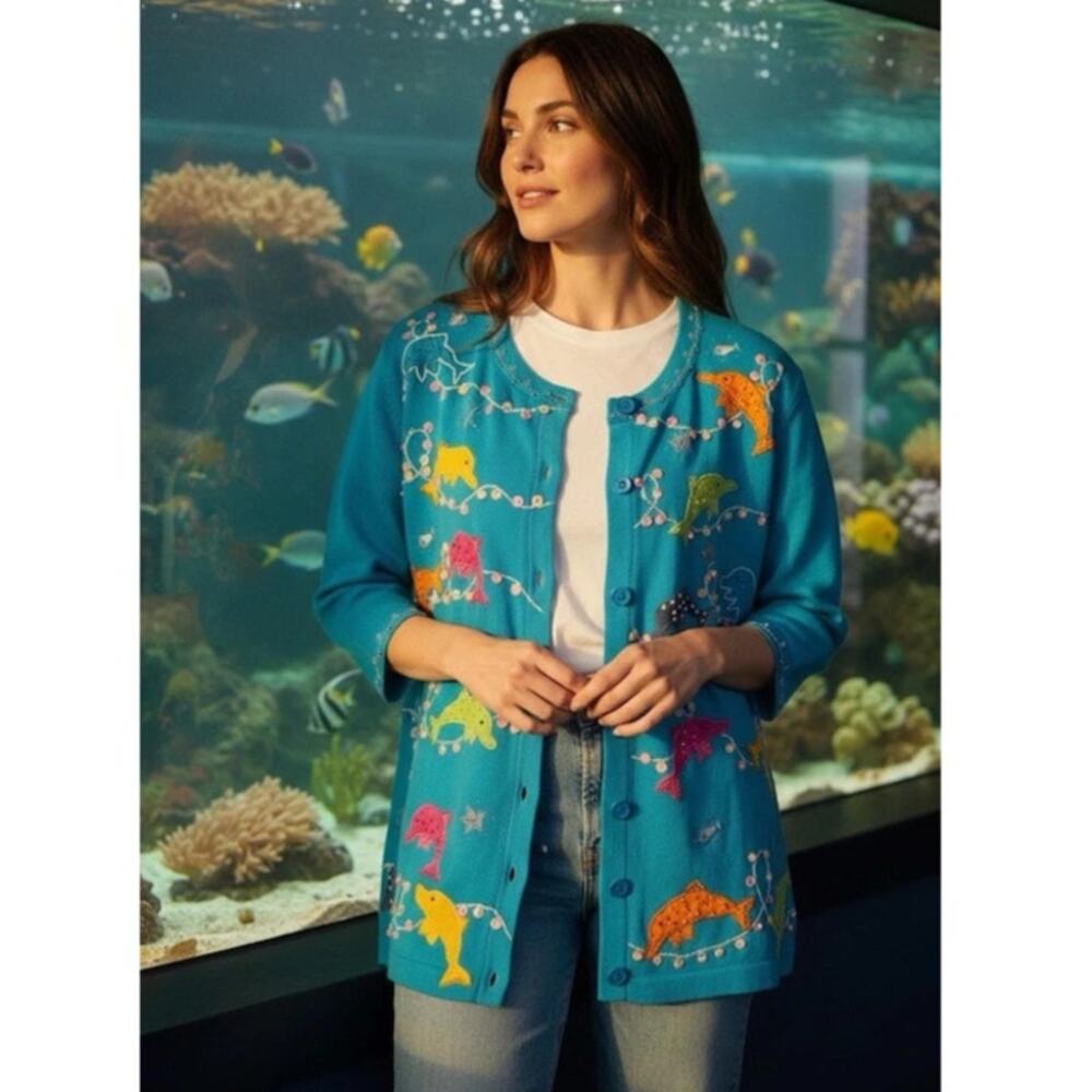 Vintage Quacker Factory 1X Embellish Dolphins Cardigan Sweater Quirky Novelty